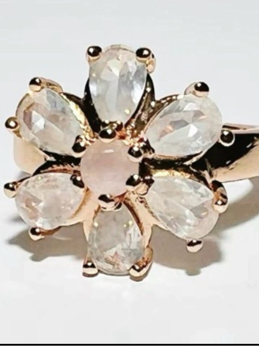 Rose Gold Tone Floral Cluster Ring with Clear Stones  Adjustable Ring